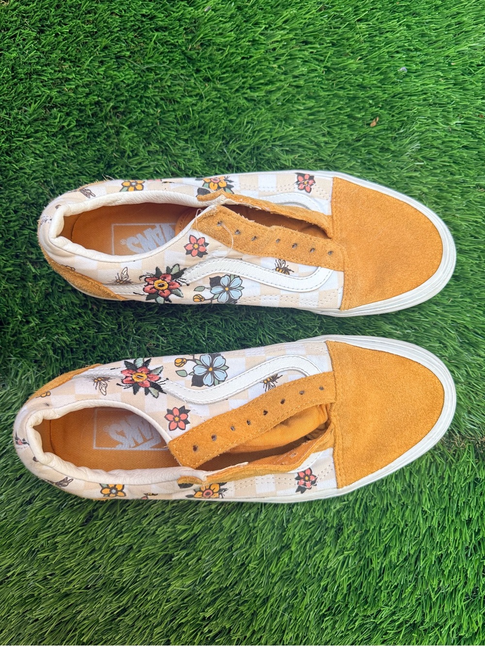 Vans Women’s Floral Checkerboard Low-Top Sneakers - Mustard & Cream
